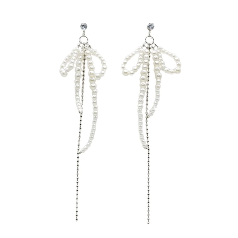 Sweet Pearl Bowknot Tassels Pendant Earrings Temperament Earrings Jewelry