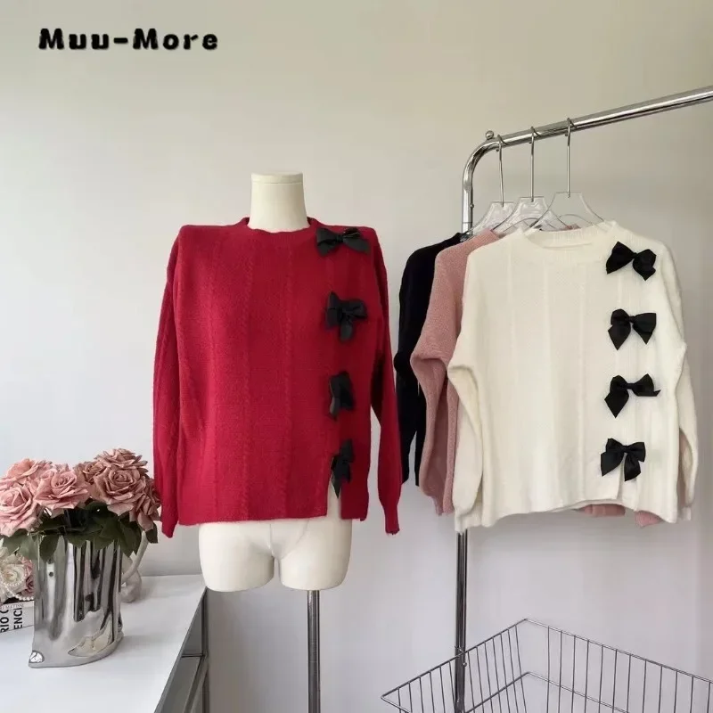 

2023 Winter Lady Casual Knitting Long Sleeve Black Bow Decoration Pullovers For Women Elegant Loose Fit Knitwear Sweater Top