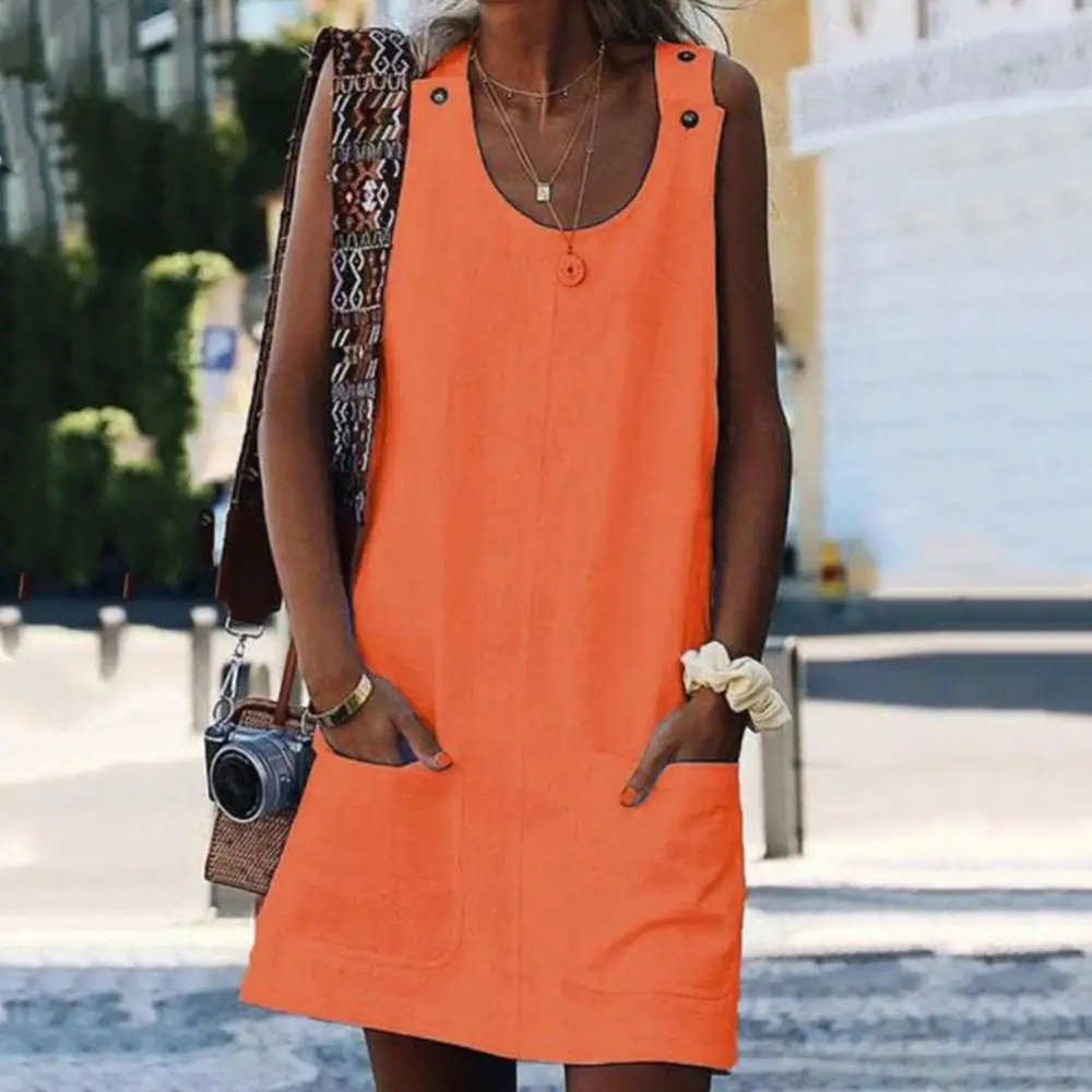 Casualowa mini sukienka bez rękawów w jednolitym kolorze Damska sukienka plażowa z kieszeniami i guzikami