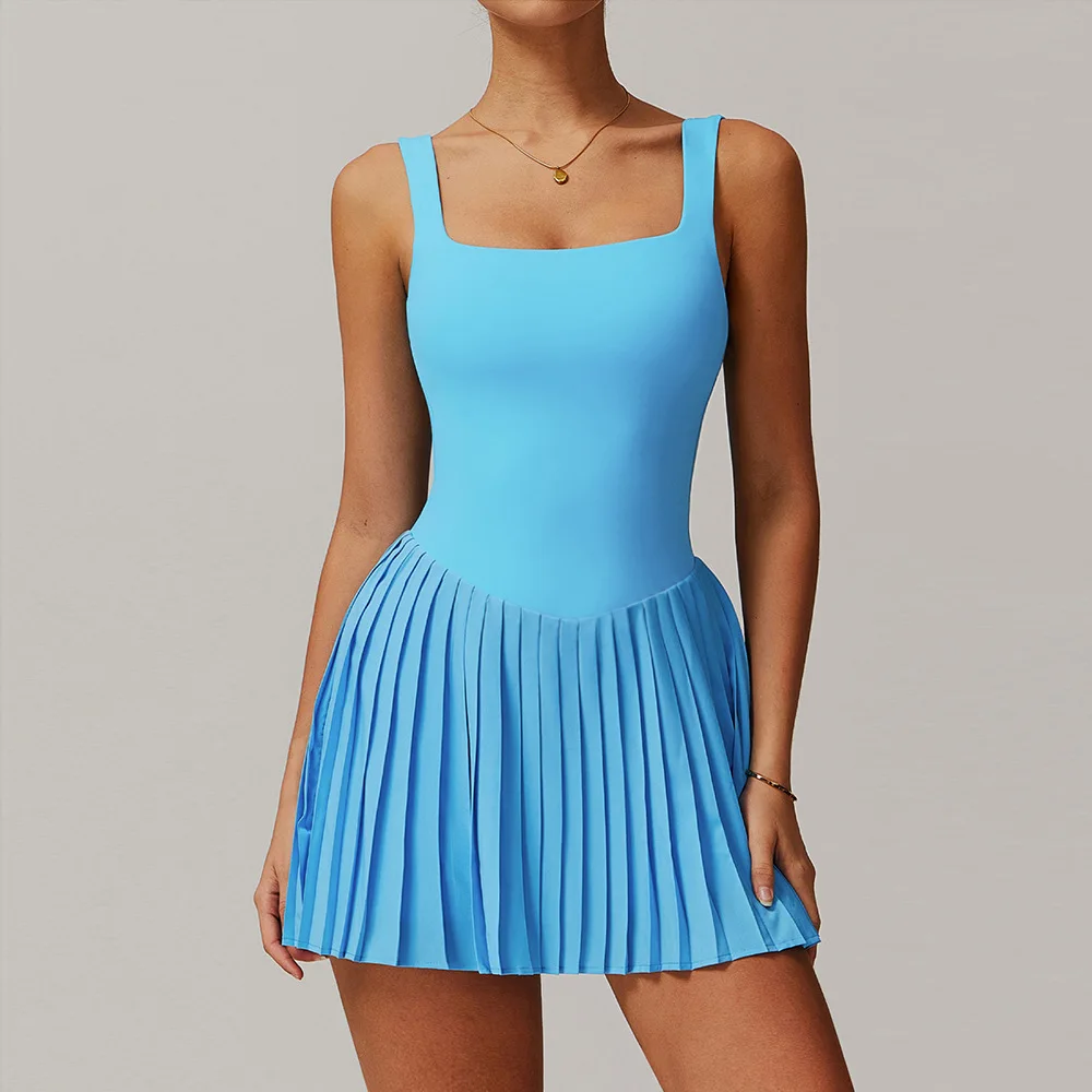 Naked Tennis Dress Hollow Out Backless Women Skirt Jumpsuit Anti Glare Fitness Sports Running Pockets Pleated Skirt Sports Dress