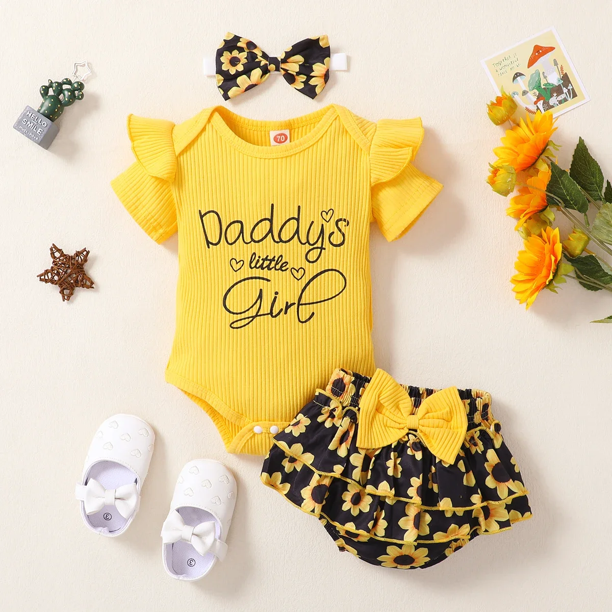 Summer Cute Baby Girls Clothes Sets One Shoulder Ruffles Tops Big Bow Printed Shorts Headband Boutique Kids Clothing