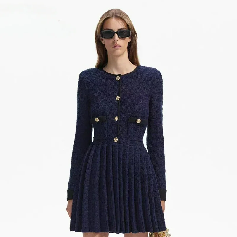 

Early Spring New Women Round Neck Waisted Single-breasted Long-sleeved Temperament Knitted Dress