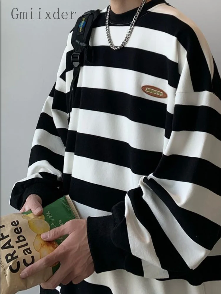 

Японский свитшот в полоску для мальчиков, футболка оверсайз с длинным рукавом, американская винтажная Дизайнерская футболка с нашивками, трендовая футболка в стиле Cityboy