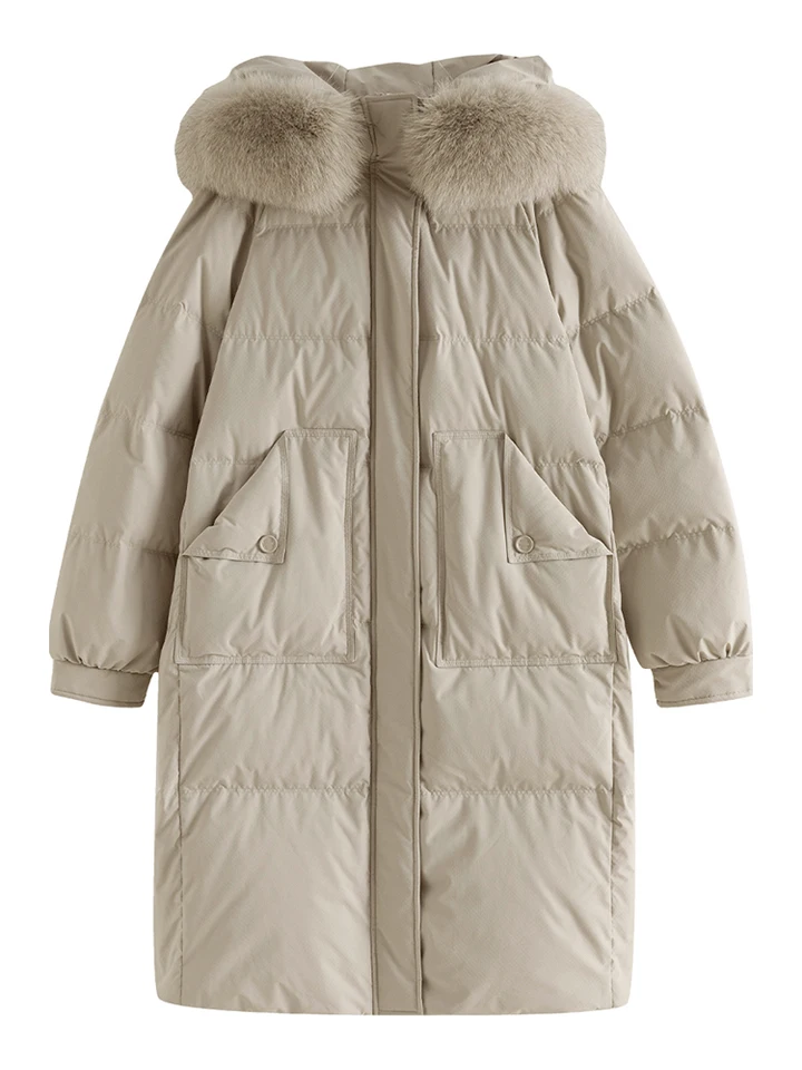 ZIQIAO Comfortable Large Fur Collar Hooded Down Jacket for Women