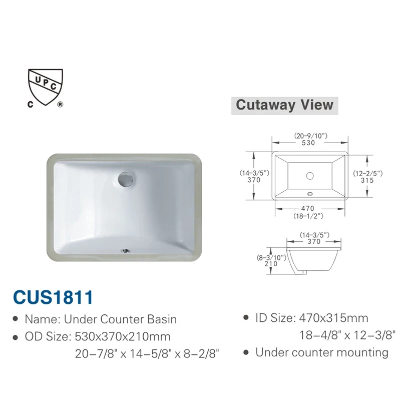1pc Bathroom Sink Undermount - 18"x11" Modern White Rectangular Vessel Undermount Sink, Porcelain Ceramic Under Counter Lavatory 6