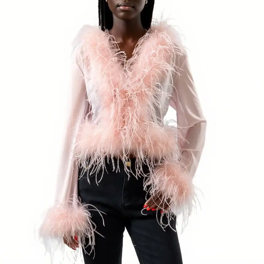 See-through clothing with real Ostrich feather collar and cuffs sex top club cropped jacket top bolero