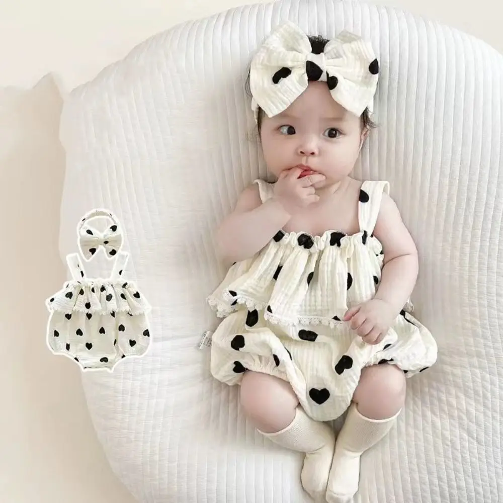 Soft Ruffle Heart Baby Romper Bow Heart Infant Romper Lace Baby Jumpsuit Cotton Bodysuit Baby Shorts Climb Suit Infant Wear