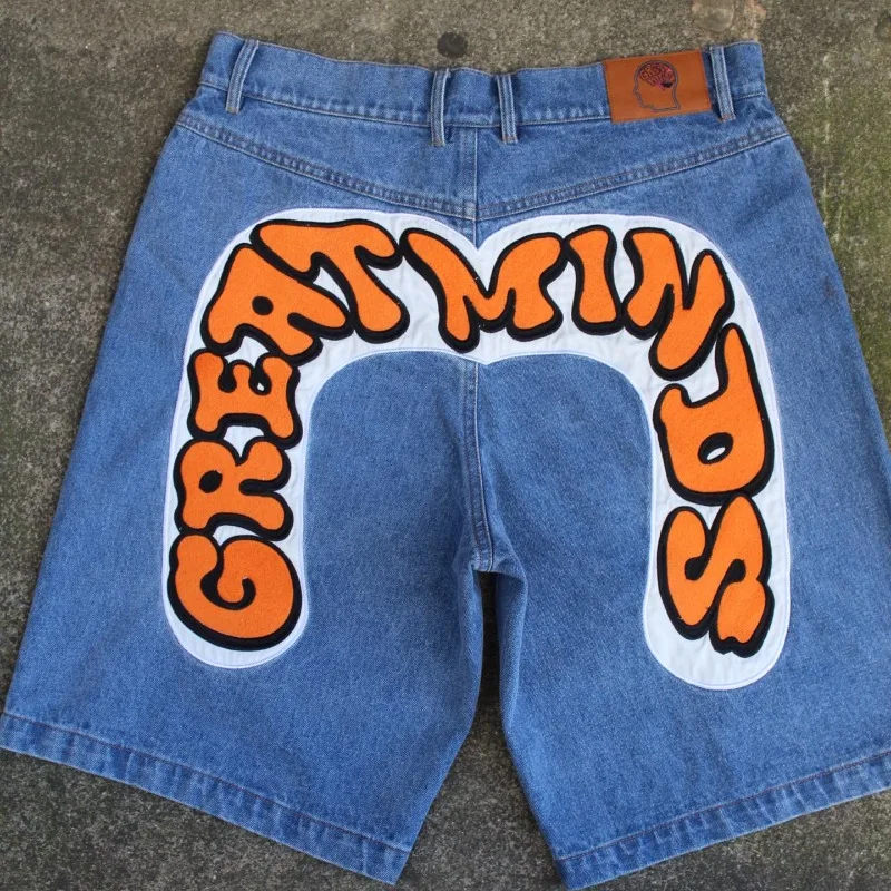 Geometric letter print oversized high waist denim shorts men y2k clothing 2000s American vintage casual couple basketball shorts
