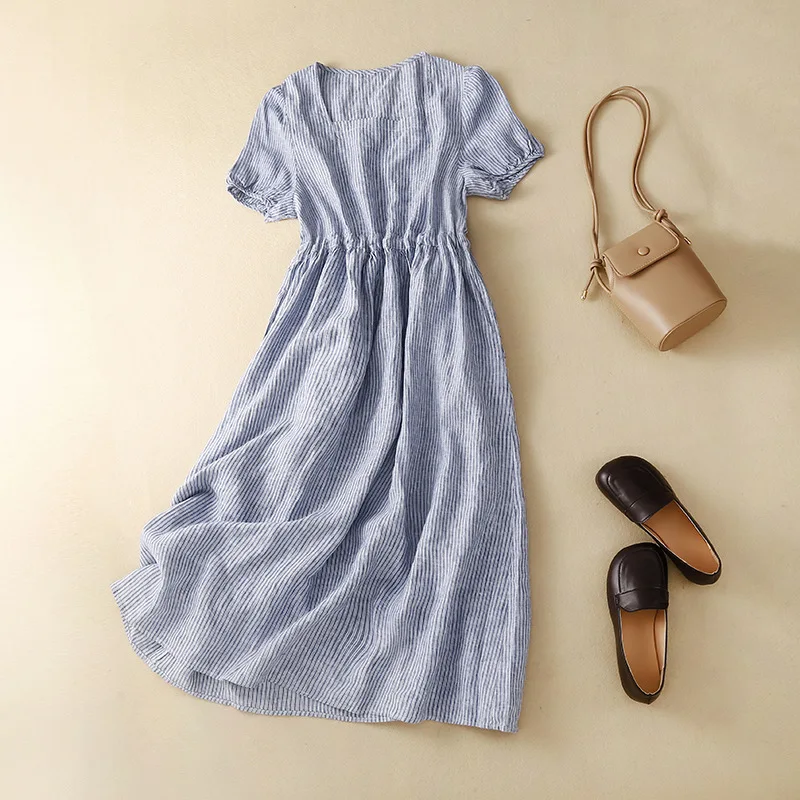 

Summer Cotton Linen Dress Women Square Neck Blue Striped Short-Sleeved Drawstring Dresses Casual Loose Simple Long Skirt