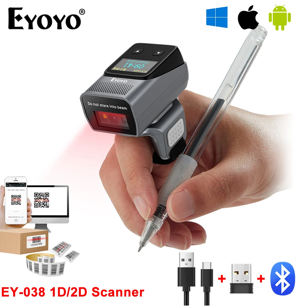 Eyoyo EY-038 Ring Barcode Scanner with Screen 1D Laser/2D Mini Wearable Bluetooth Finger QR Code Reader Support Screen Scanning