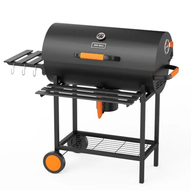 29-Inch Barrel Charcoal Grill with Heavy Duty Construction and Manual Rotisserie Meat Fork Featuring One Click Cleaning System 1