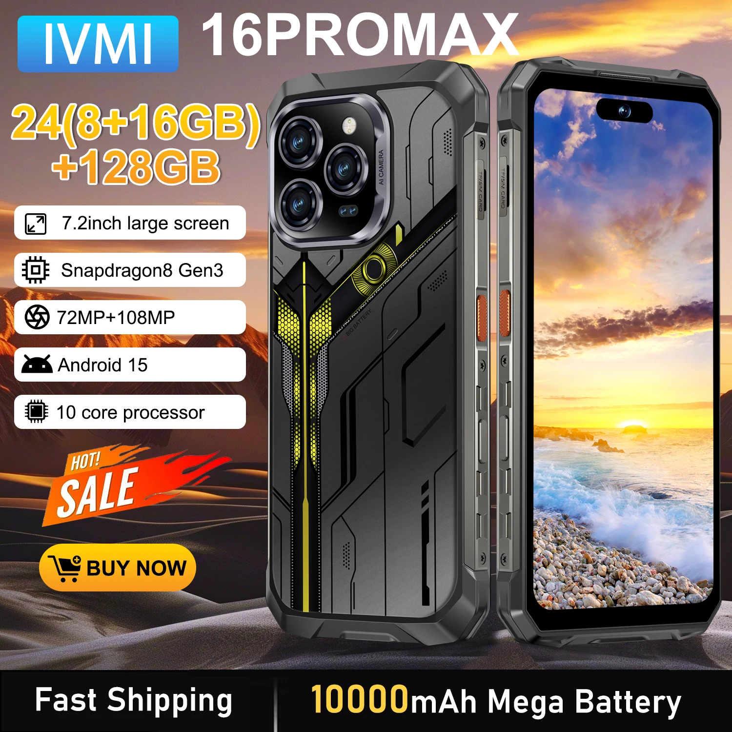 [Mundo primero] IVMI Durable 16PROMAX Smartphone resistente 24GB ...