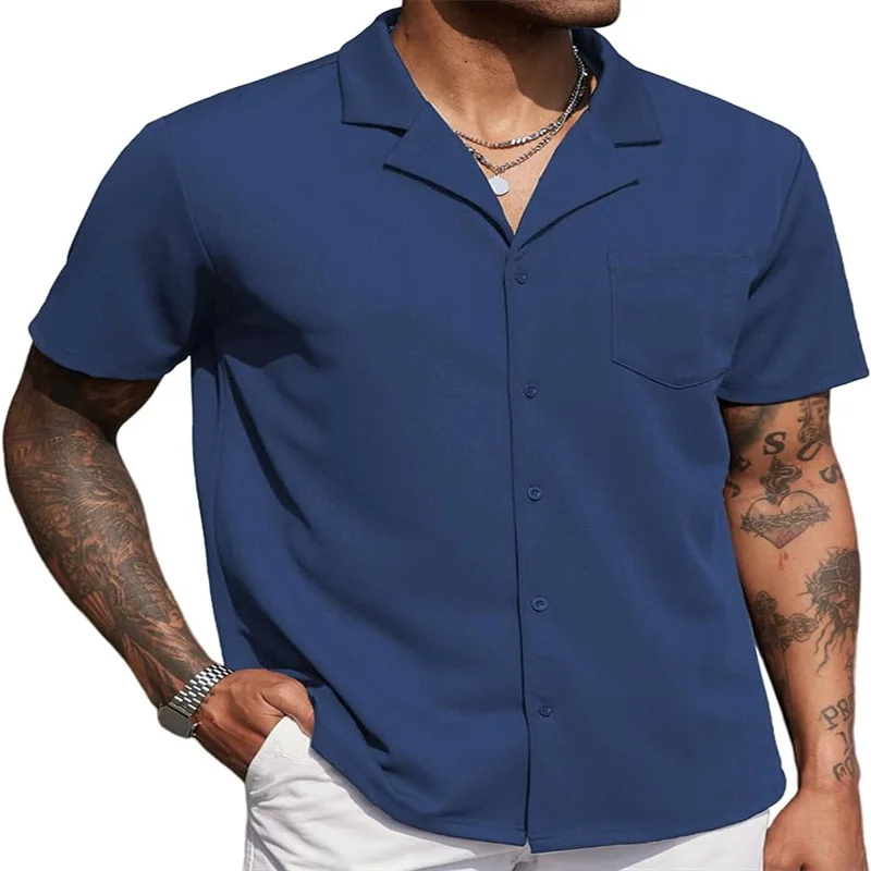 Shirt Men Casual Fashion Wrinkle-free Untucked Cuban Business Casual Button-down Short Sleeve
