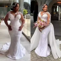 Arabic White Mermaid Wedding Dresses pearls Deep V Neck Long Sleeve shiny Lace Appliques Bridal Gows Detachable Train Customized 1