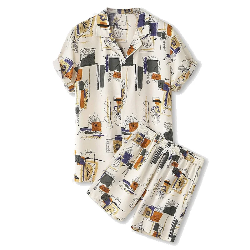 

Men Outfit Set Casual Loose Beach Shirts Floral Print Short Sleeve Suit Mens Joggers Set Two Piece Set Summer