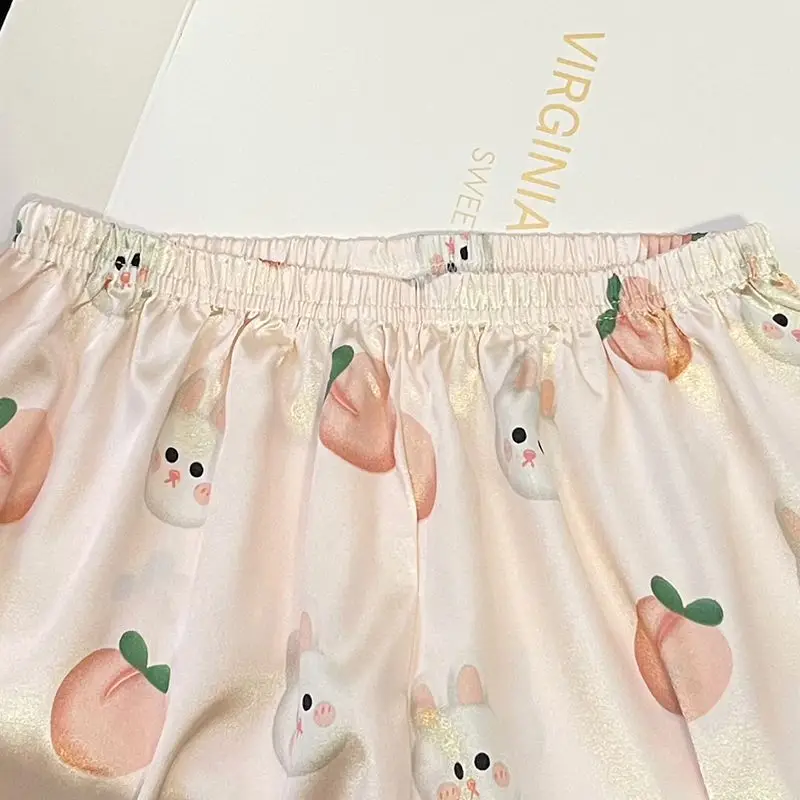 Summer Print Silk Sleepwear Women Short Sleeve Cardigan Shorts Pajama Sets Kawaii Loungewear Nightwear Pijama Mujer New