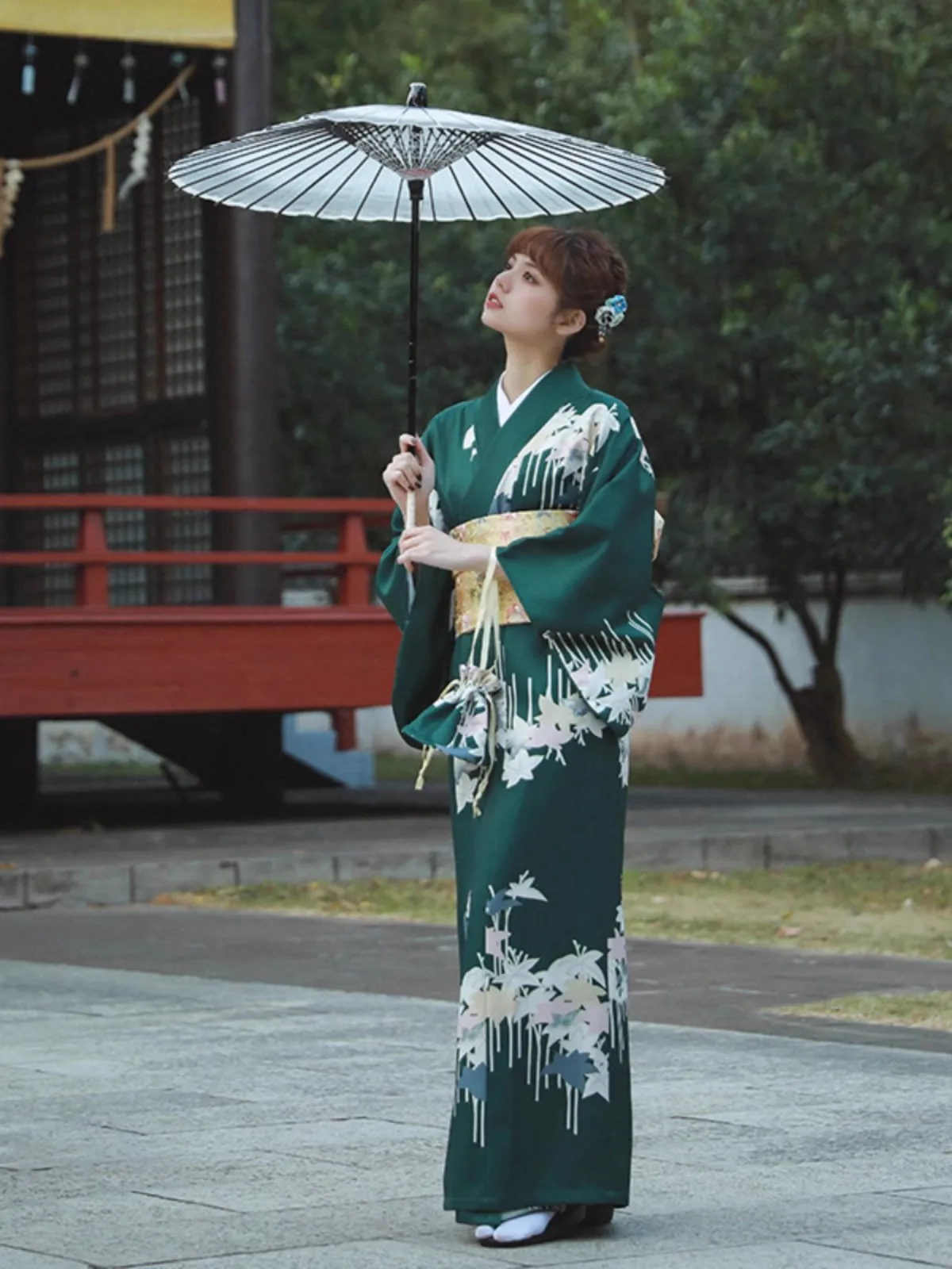 Green Improved Kimono With Handbag Gentle Light Yellow Formal Japanese YUKATA ladies Photography Dress polyester