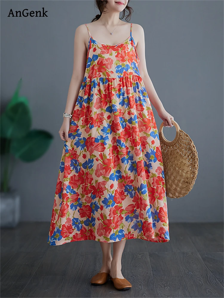 

Женское винтажное платье на бретелях-спагетти, повседневное длинное хлопковое платье без рукавов, лето 2024