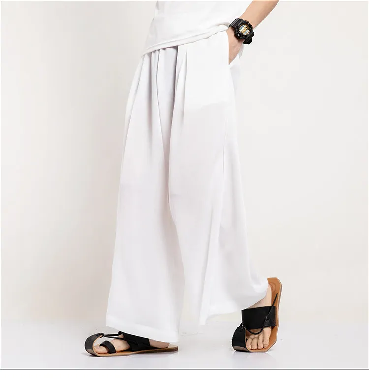 Sommer Eisseide Weite Hosen für Herren Schwarz Weiß Harajuku Streetwear Cropped Hosen Männliche Chinesische Stil HanFu Kongfu Rock-Hosen – Detail 13
