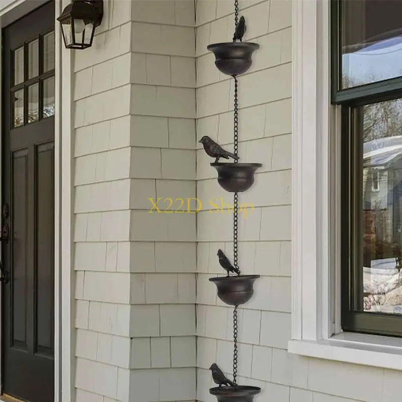 X22D Outdoor Birds On Cups Metal Rain Chain Rain Catcher For Gutter Roof Decorations Metal Drainage Chain Downspout Tool