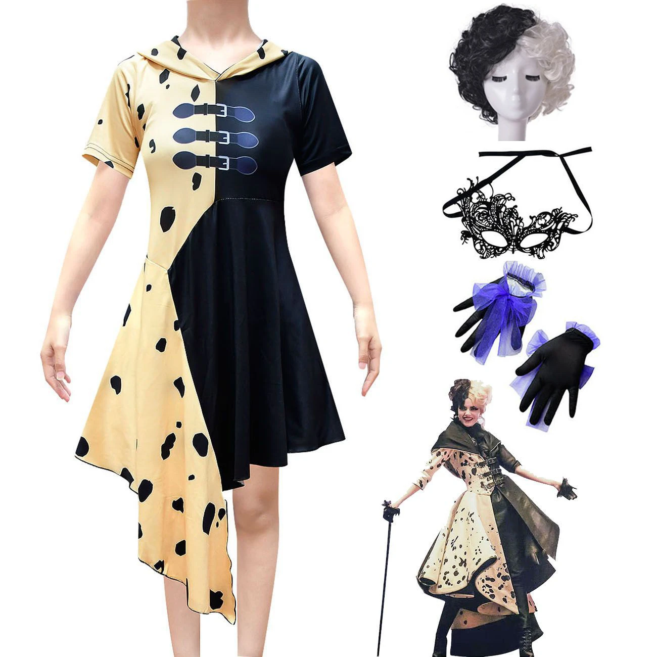 2023 Halloween Child Cruella Costume Masquerade Party Girls Nero Bianco Abito Lungo Con Cape Carnival Kids Cruella Parrucca Maschera Di Pizzo