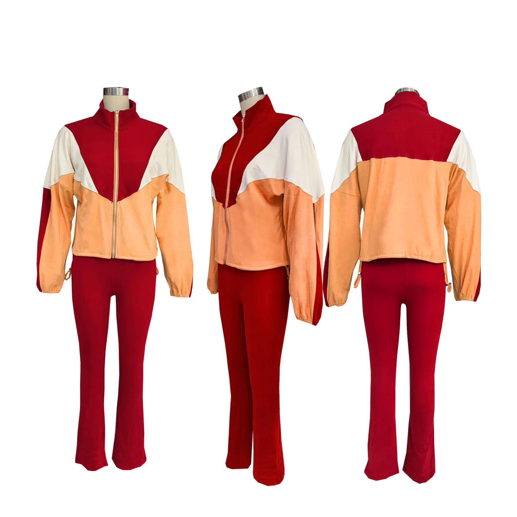 Wmstar Women Clothing Long Sleeve Colorblock Lapel Zipper Suit Cardigan Tight Pants Sports Two-piece Set Wholesale Dropshipping