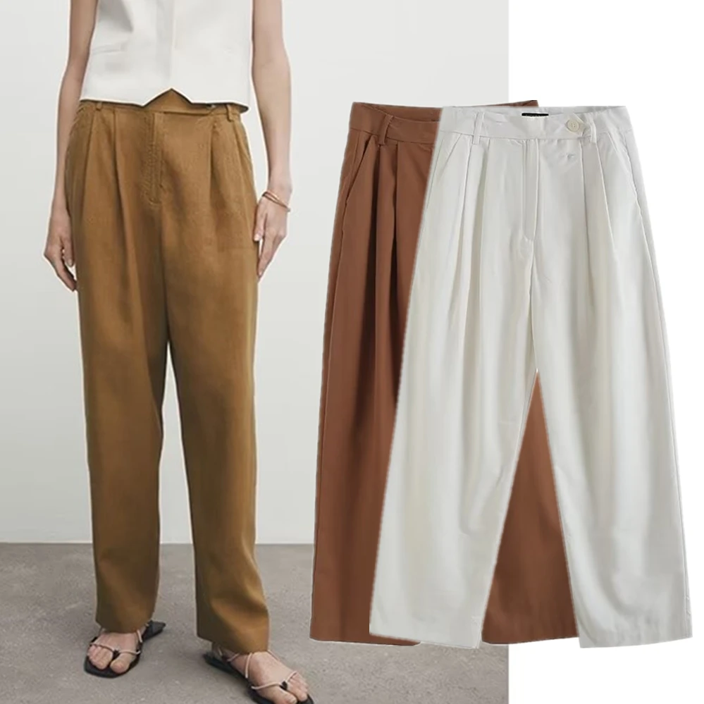 Withered French Country Style Fashion Simple Straight Trousers Solid Color Cotton Linen Pleated Commuter Casual Pants Women