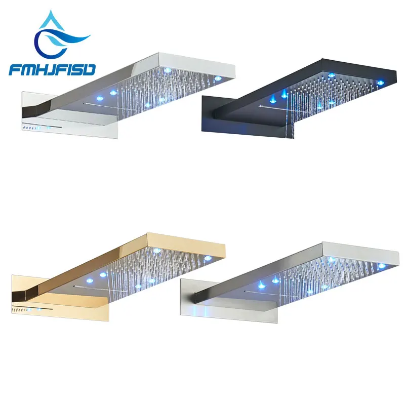 LED Copper Shower Head Rainfall Shower Head Waterfall Top Over Sprayer Heads Golden Waterfall