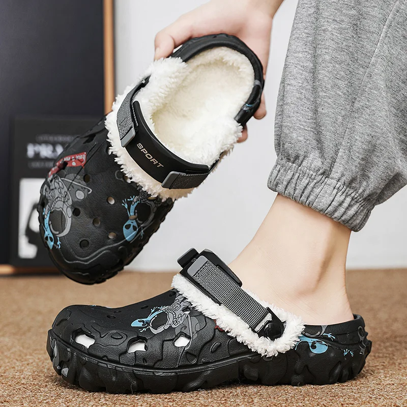 Men Clogs Slippers Winter Fur Men Slippers Garden Shoes Men Warm House Shoes Anti-slip Fur Slippers Cotton Removable Size40-47