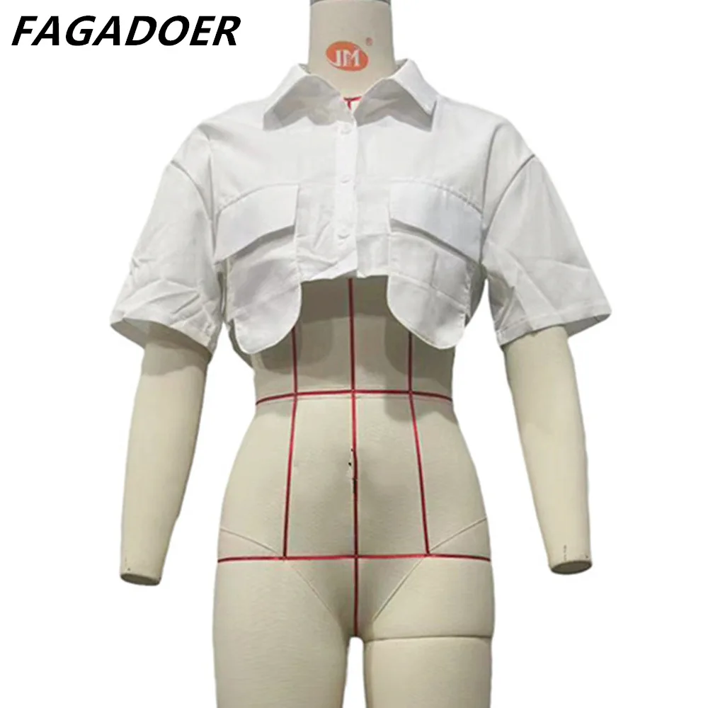 FAGADOER 여성용 단색 포켓 루즈 셔츠, 턴다운 칼라 단추 긴팔, 불규칙한 크롭탑 의류, 화이트, 여름 신상