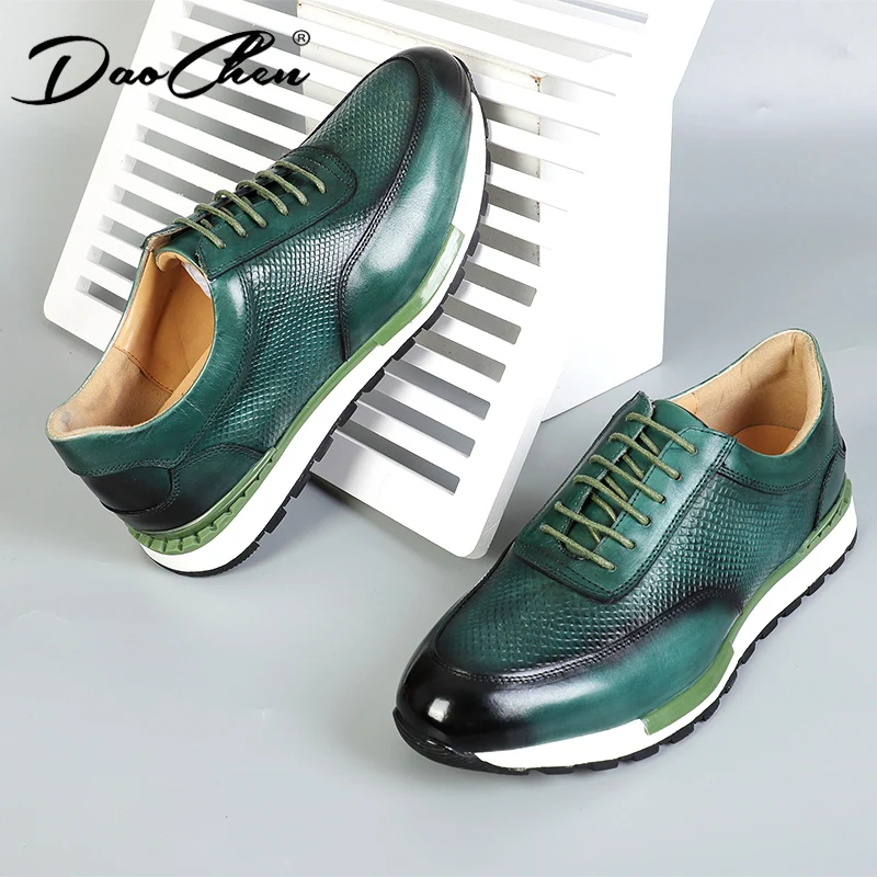 DAOCHEN LUXURY MEN CASUAL LEATHER SHOES FASHION LACE UP SPORT GREEN MENS DRESS SHOES PATCHWORK SNEAKER SHOES FOR MEN