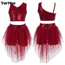 Kids Girls Gymnatics Ballet Leotards Lyrical Dance Costume V Neckline Sequins Crop Top with Mesh Boxer Skirt Jazz Dance Dress