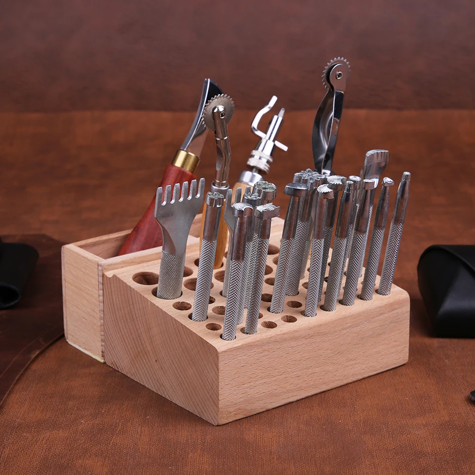 Description Picture 5 of itemCarving Punching Tools Holder Organizer 46/98 holes Pine Wooden Leather craft Rack Stand Storage Box Storing Leather Tool DIY