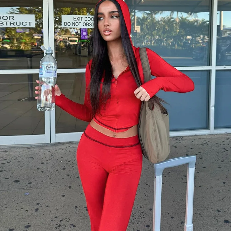 Fashion Printed 2 Piece-Set Women Hoodie Slim Cropped Top And High Waist Trousers Outfits Contrast Women's Pants Sets
