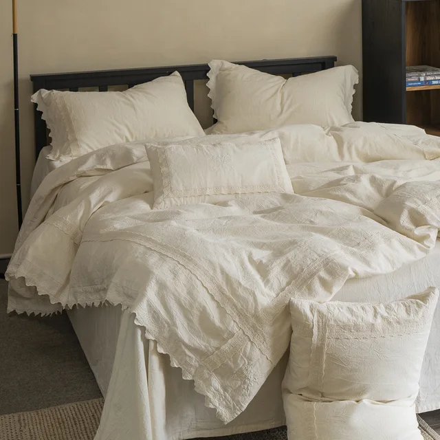Parures de lit rétro françaises en coton et lin, broderie, couette, drap de lit double, couvre-lit, housse de couette, taie d'oreiller 1