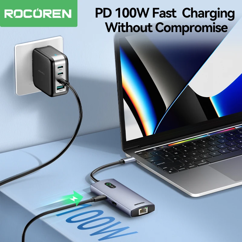Rocoren 6 in 1 USB C Hub RJ45 4K@30Hz USB 3.0 Splitter PD 100W Type C Dock Station For Macbook Air Pro Samsung Xiaomi Laptop PC Best Sellers In Phones Accessories