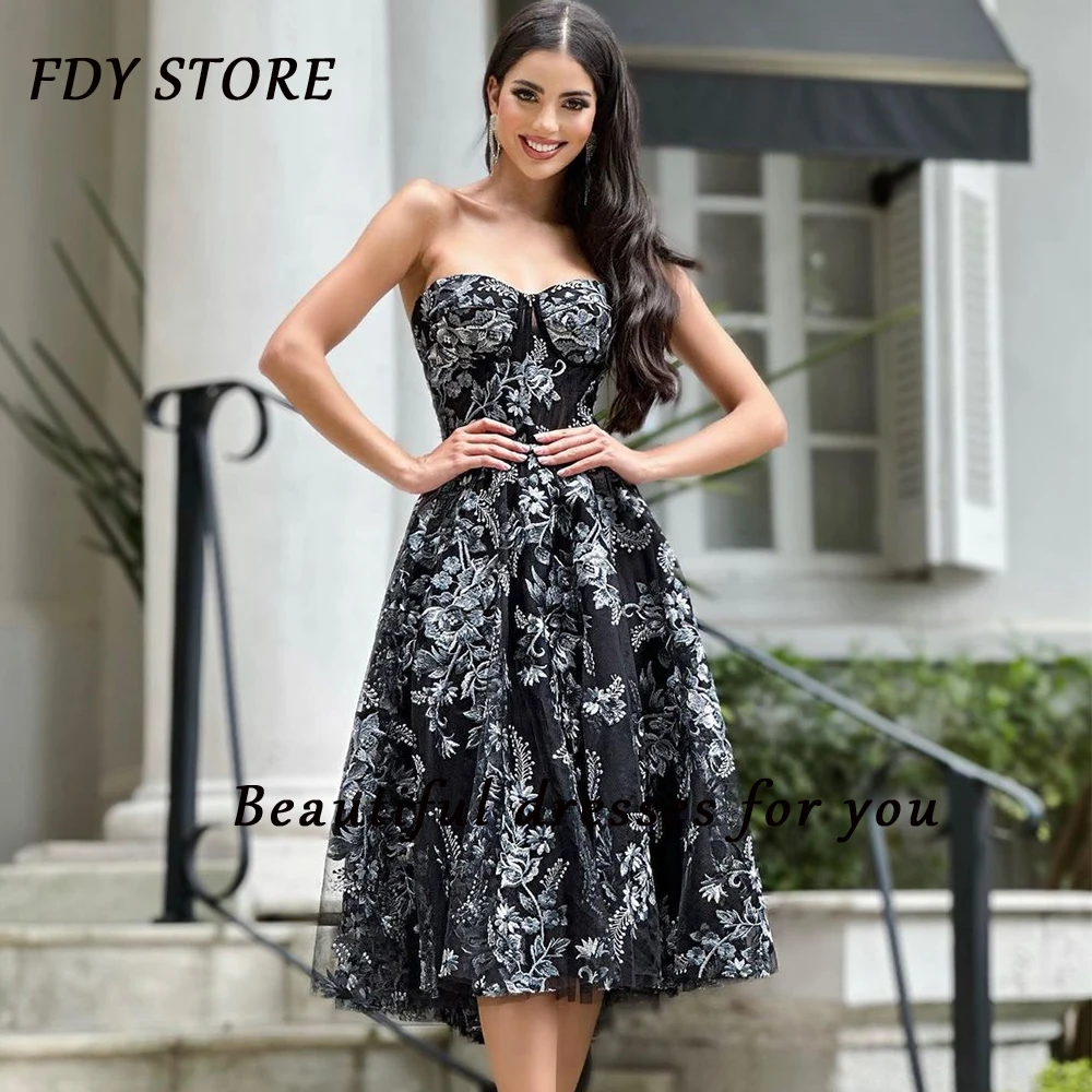 

FDY Store Prom Strapless A-line Embroidery Flower Tea-Length Evenning Cocktail Ball-gown Dress Formal Occasion Party for Women