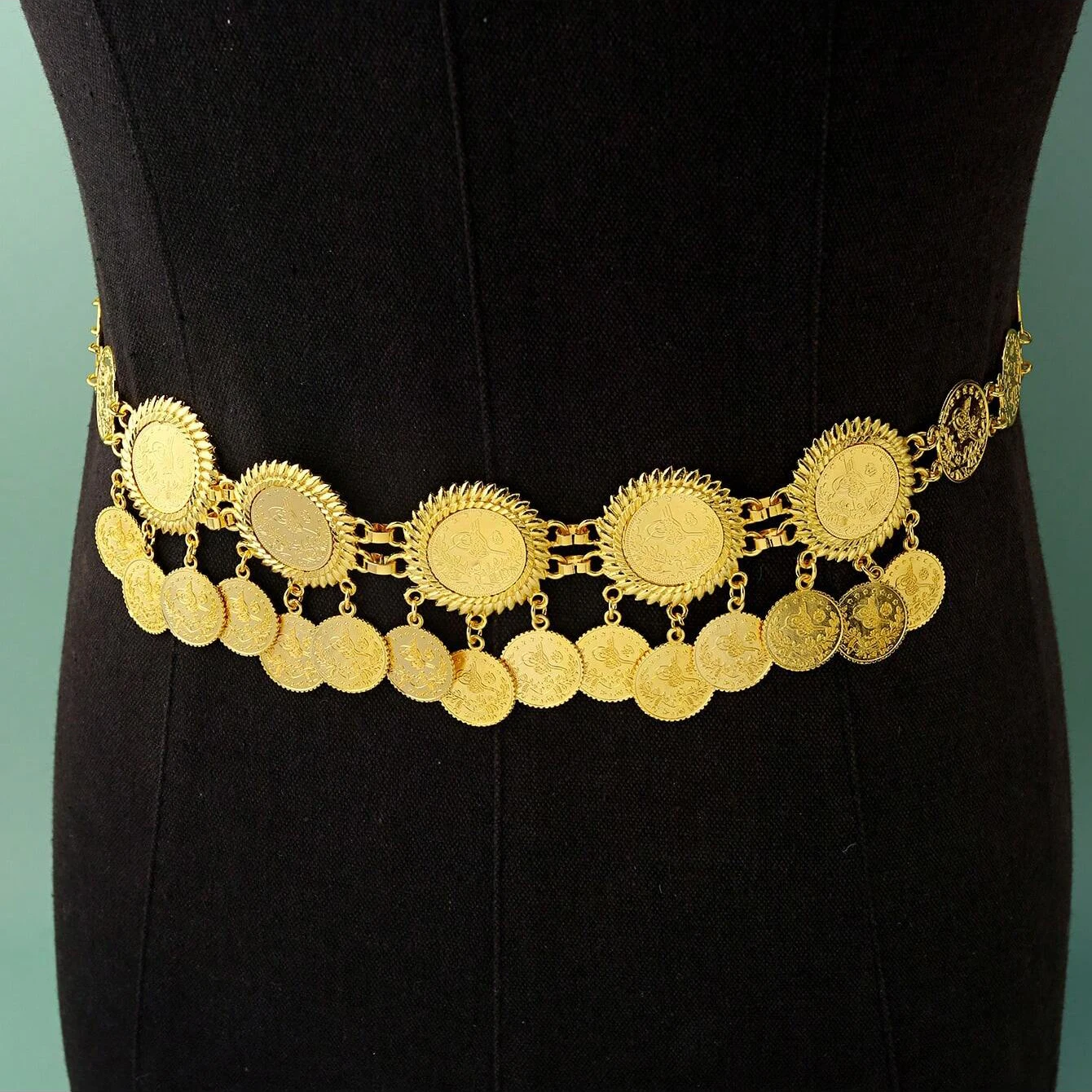 Cinturón de estilo de Oriente Medio para mujer, cadena de Metal, borla de moneda, largo, longitud ajustable, joyería para el cuerpo, moda para el vientre, nuevo