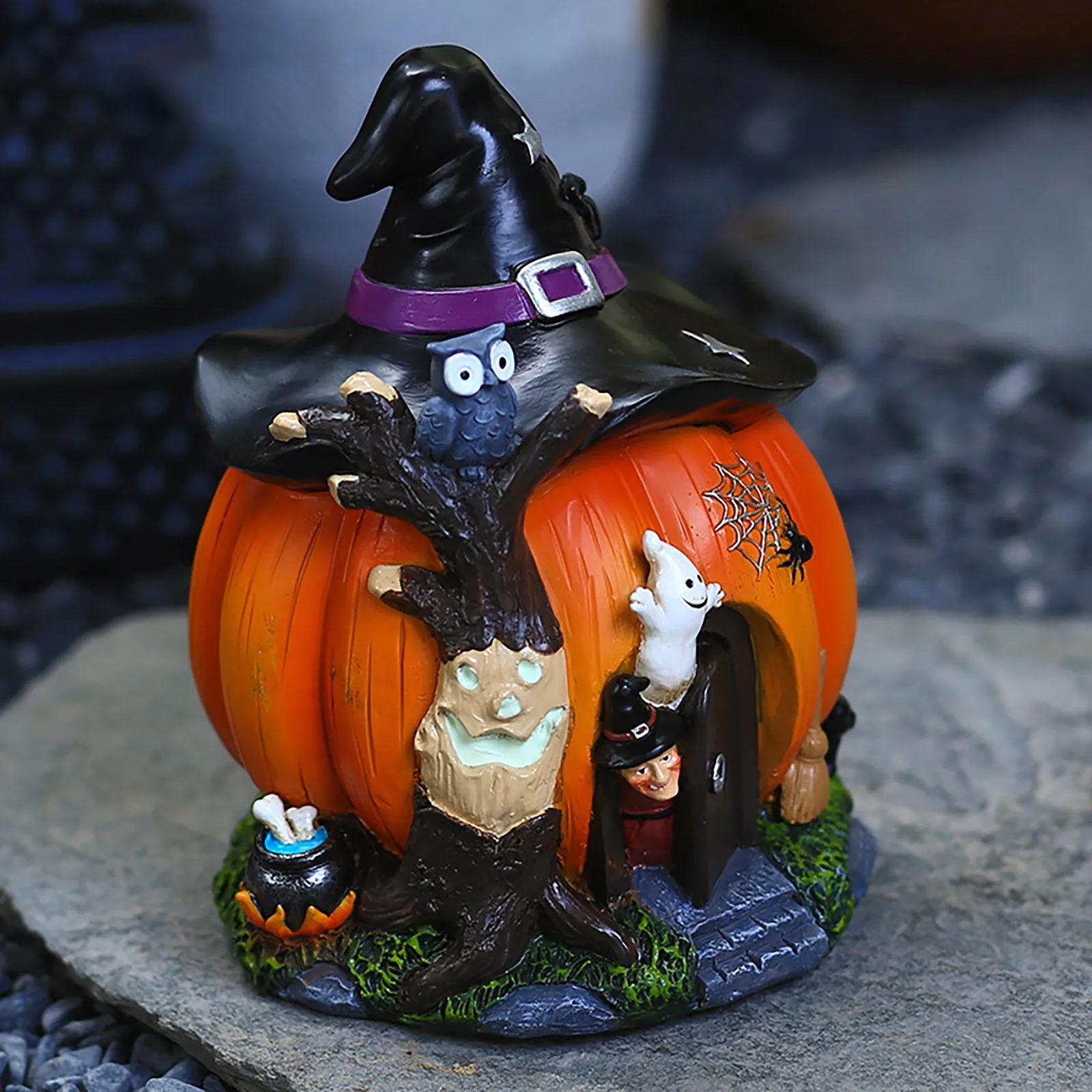

Halloween Decoration Halloween Witch Pumpkin House Statue Glowing Resin Or Trick Figurine Desktop Ornament Halloween Decor