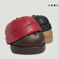 Quality Retro Brimless Hat Solid Color PU Leather Cap Adjustable Landlord Hat Landlord Hat Melon Skin Caps Adjustable Docker Cap 2