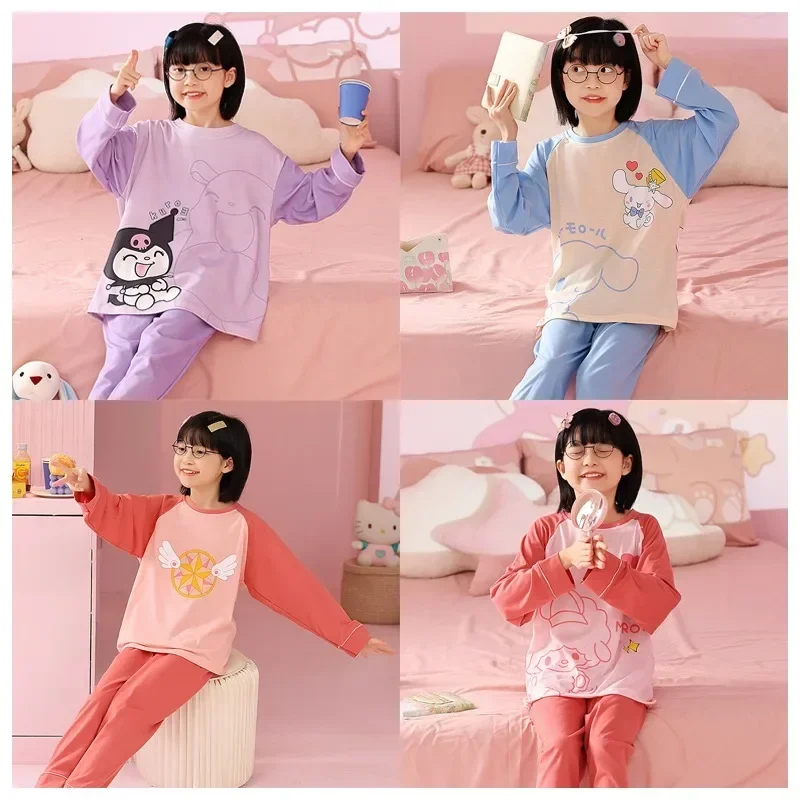 

Kawaii Sanrios Children's Cotton Pajama Set Cartoon Cinnamoroll Kuromi Cute Loose Fitting Long Sleeved Pants Home Wear Kids Gift