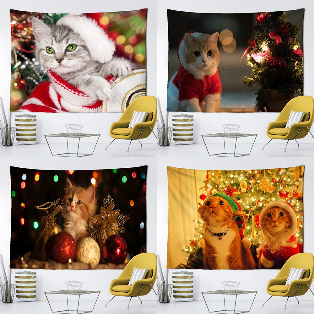 

Christmas scene decoration cute cat print pattern tapestry home living room bedroom background cloth