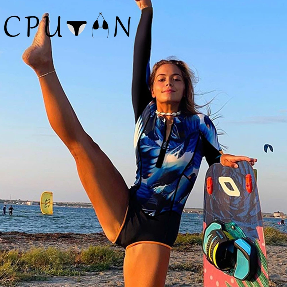 

CPUTAN 2023 NewSport One Piece Swimsuit Zip Push Up Swimwear Women Print Beachwear Summer Monokini Surfing Bodysuit BathingSuit