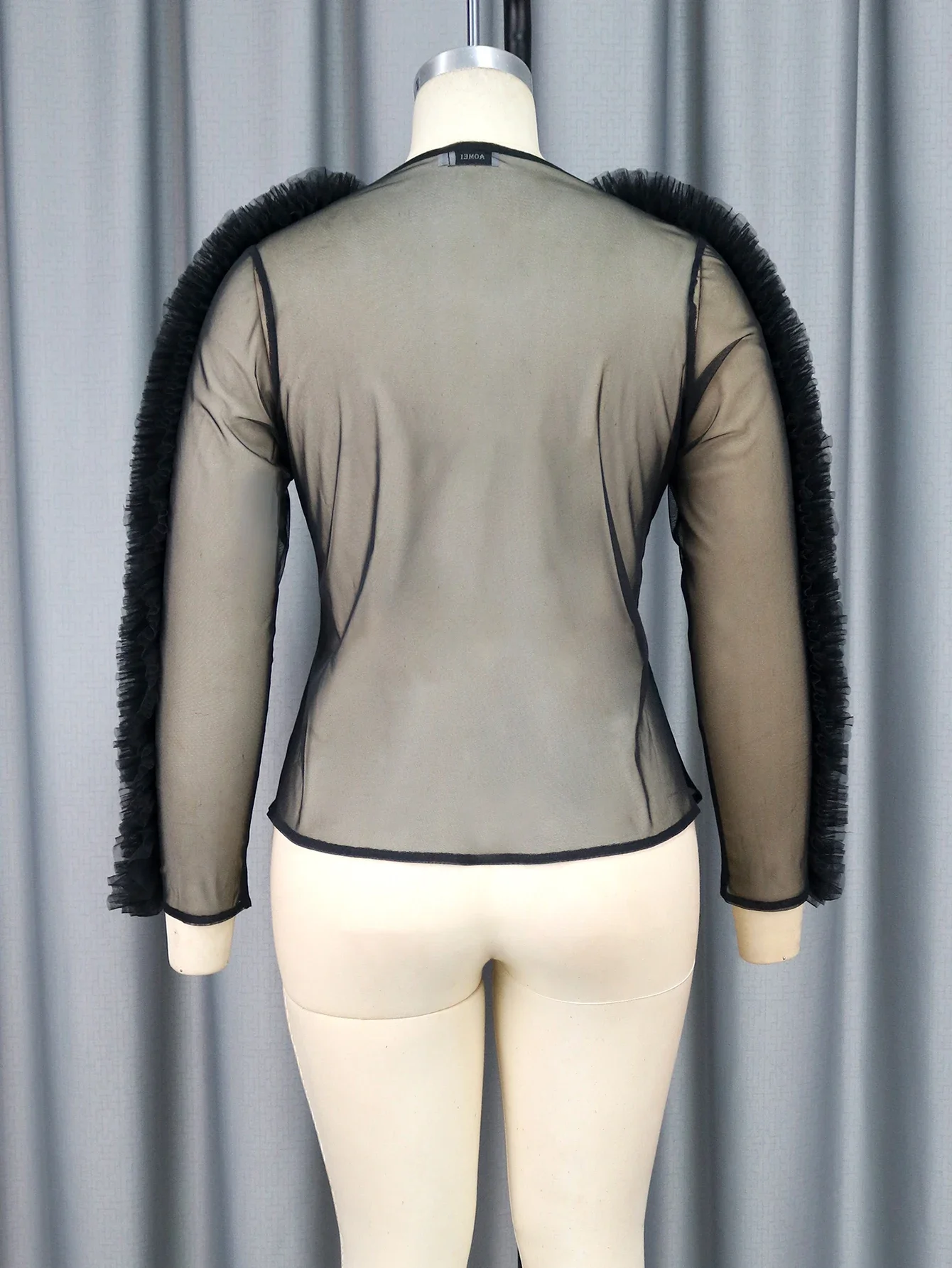 Black Plus Size Tops for Women Gauze V Neck Ruffles Long Sleeves Summer Slim See Through Midnight Clubwear Party Sexy Clothing