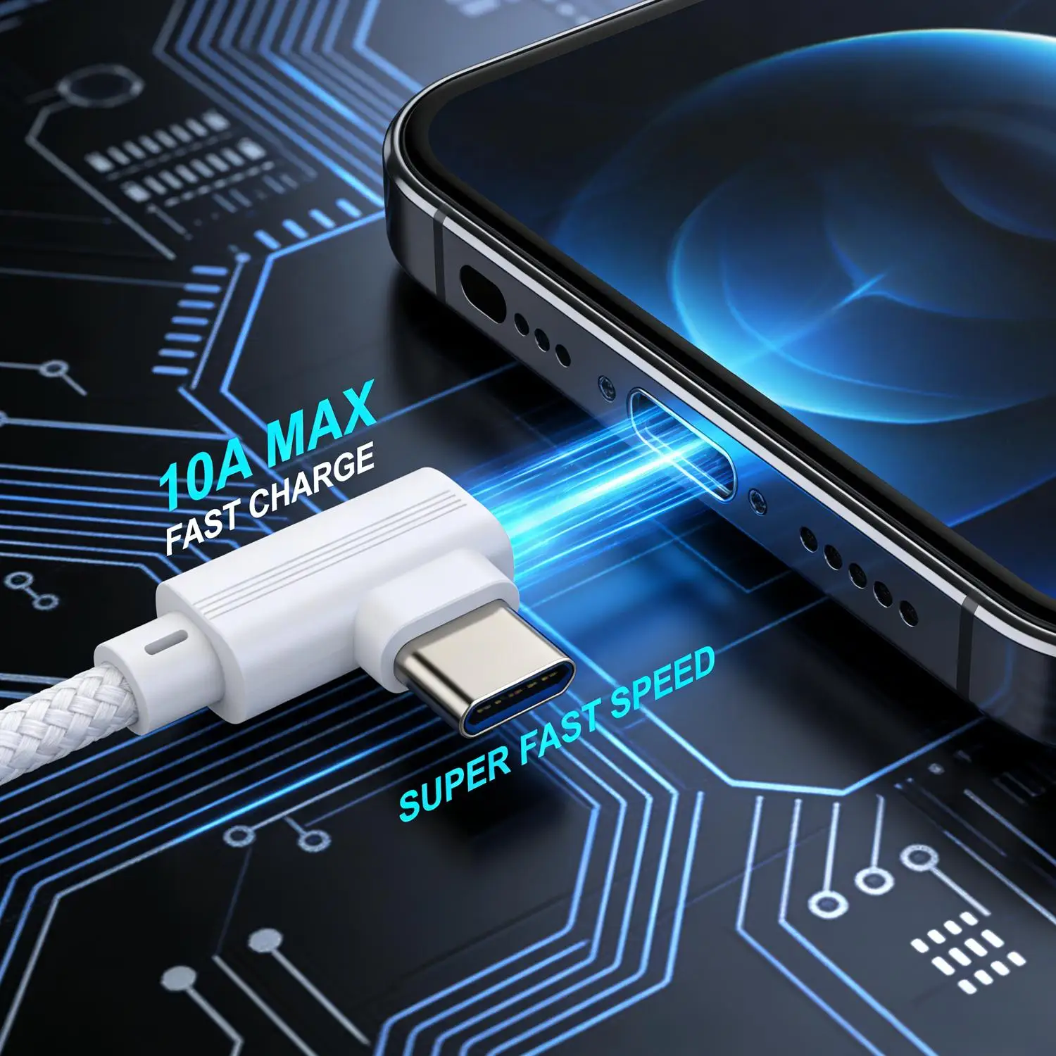 10A 고속 충전 USB-C 케이블 USB 타입 C 직각 나일론 편조 충전기 와이어 아이폰 삼성용 데이터 전송 케이블