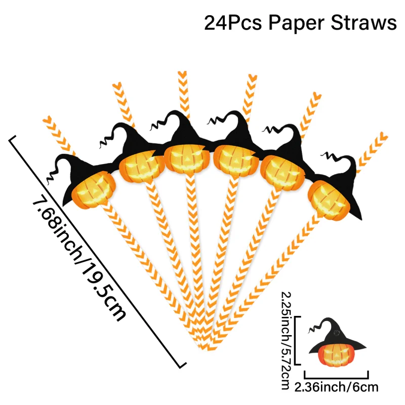 24Pcs Halloween Straw Party Decorations Skull Spider Water Cup Drink Decor with Disposable Straws Cocktail Straw Juice Tubes