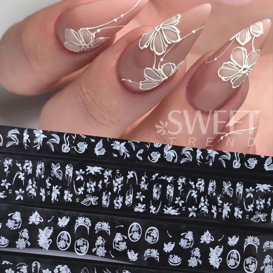 10 Rolls Elegant White Flowers Petal Nail Transfer Foils Stickers Butterfly Painting Lace Floral Decals Wedding Bride Decoration