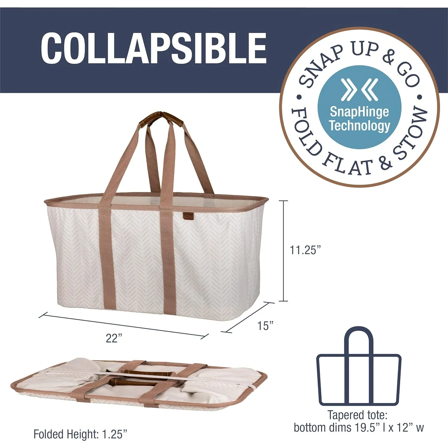 CleverMade Collapsible Laundry Tote, LUXE Cream Herringbone 2PK-50L (13 Gal) Premium Cotton Blend Collapsible Laundry Baskets