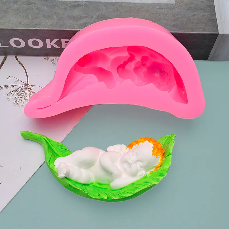 Leaf Angel Candle Mold Sleeping Baby Silicone Soap Resin Plaster Dripping Concrete Chocolate Mousse Cake Korean Ins Decor Crafts