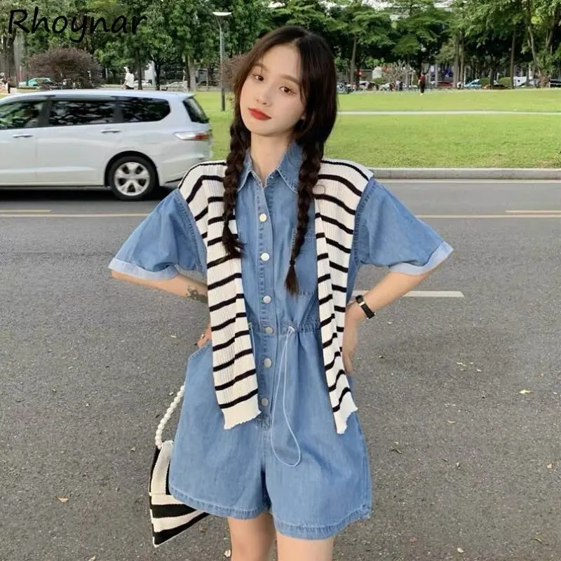 

High Waisted Denim Rompers Women Streetwear Pocket Personal Design Korean Fashion Baggy Summer Cozy Cargo Clothes Teens Chic Ins